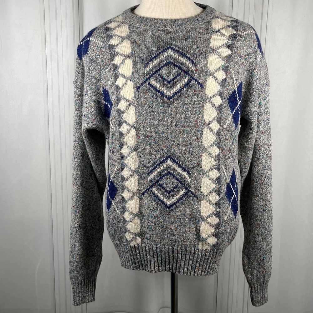 Vintage Agenda - Wool Blend Donegal‎ Argyle Sweater - Gray Flecked Knit - XL